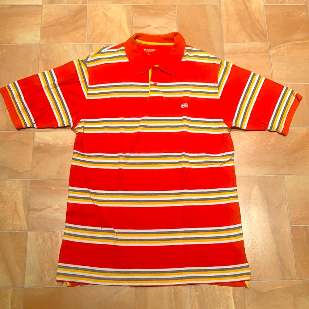 Ecko Unlimited Men's Orange Multi Striped Short Sleeve Button Polo Shirt